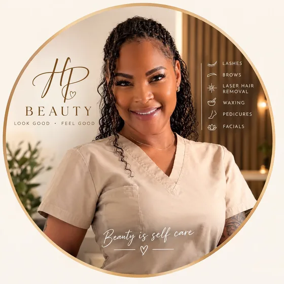 The owner of HP Beauty in a circular portrait with the HP Beauty logo and the words Beauty is self care